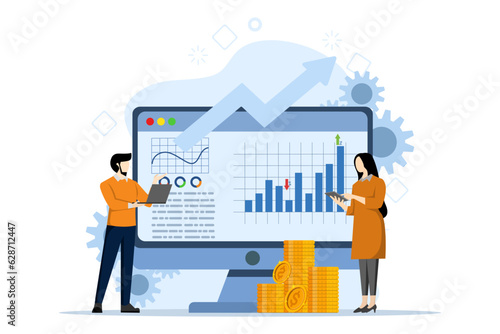 concept Marketing investment, demand planning, digital audit with small people. accountancy. Business plan, financial management, digital sales, income metaphor. flat vector illustration.