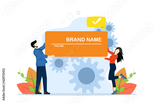 naming concept and tagline with little people. Marketing platform, company promotion, online documentation inspection, corporate identity development abstract vector illustration collection.