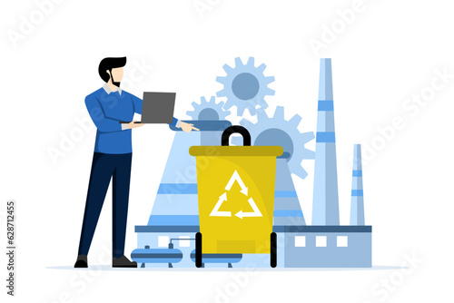 Mechanical and chemical recycling concept, hazardous waste reduction with tiny people. Industrial waste management vector illustration set. processing for reuse, waste disposal and utilization.