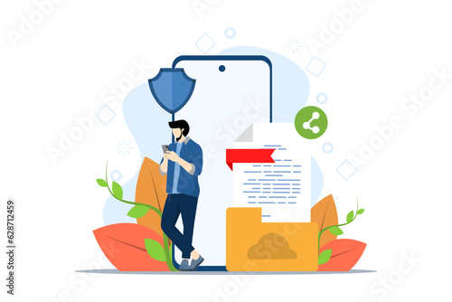 Concept of file sharing, data transfer, documentation transfer, cloud services, file management, electronic document management. People send files for business. Vector illustration in flat design.