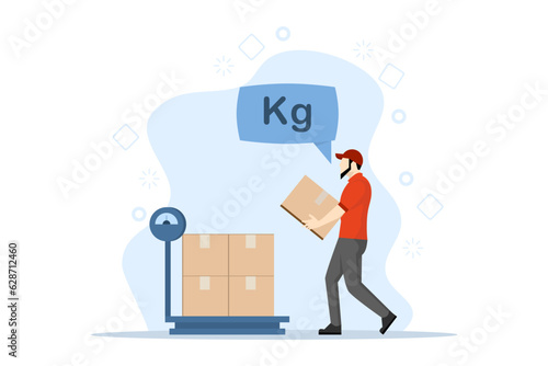 Package Weighing Concept in Warehouse, Business Process, Warehouse Storage Products Measuring Procedure Warehouse worker checks the weight of a shipment. Flat vector illustration on a white background