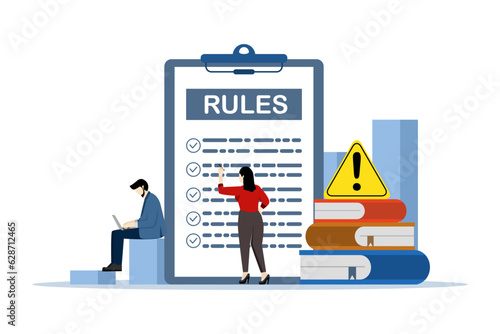 standard procedure concept. Rules and regulations, employee policies and guidelines, statutory provisions, company compliance or laws, Entrepreneurs study rule lists, read guides, create checklists