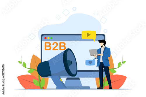 B2B marketing, sales representative, personalized sale concept with tiny people. telemarketing vector illustration. Digital campaign, sales agent, brand representative, company metaphor.