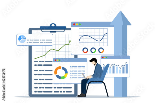 Business growth concept with characters. Businessman trading and building success. Financial and economic gain with coins. Modern flat illustration for landing page, infographic.