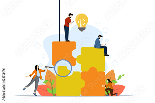 Teamwork concept with characters. Coworkers putting together a jigsaw puzzle. Troubleshooting was successful. Smart management. vector illustration for landing page, mobile app, infographic.