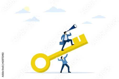 key concept for success. achieve business targets. Open an organization or company achievement. corporate vision and mission for success, teamwork and the big golden key. flat vector illustration.