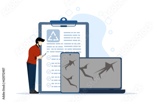 e-waste reduction concept with tiny people. Mechanical and chemical recycling, industrial waste management vector illustration. Metaphor of processing for reuse, waste disposal and utilization.