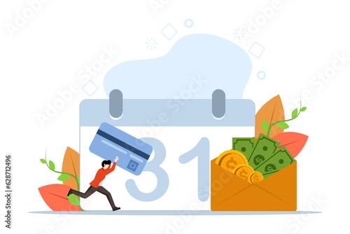 Payroll Concept, Showing person carrying debit card to withdraw money, Suitable for landing page, UI, web, app intro card, editorial, flyer and banner. Flat Vector illustration on white background.