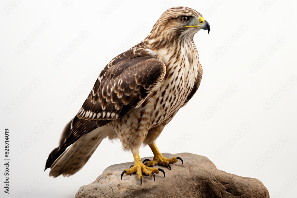 Majestic Soarer: A Side View of an Isolated Common Buzzard Bird (Buteo buteo) Against a White Background Majestic Soarer: A Side View of an Isolated Common Buzzard Bird (Buteo buteo) Against a White Background