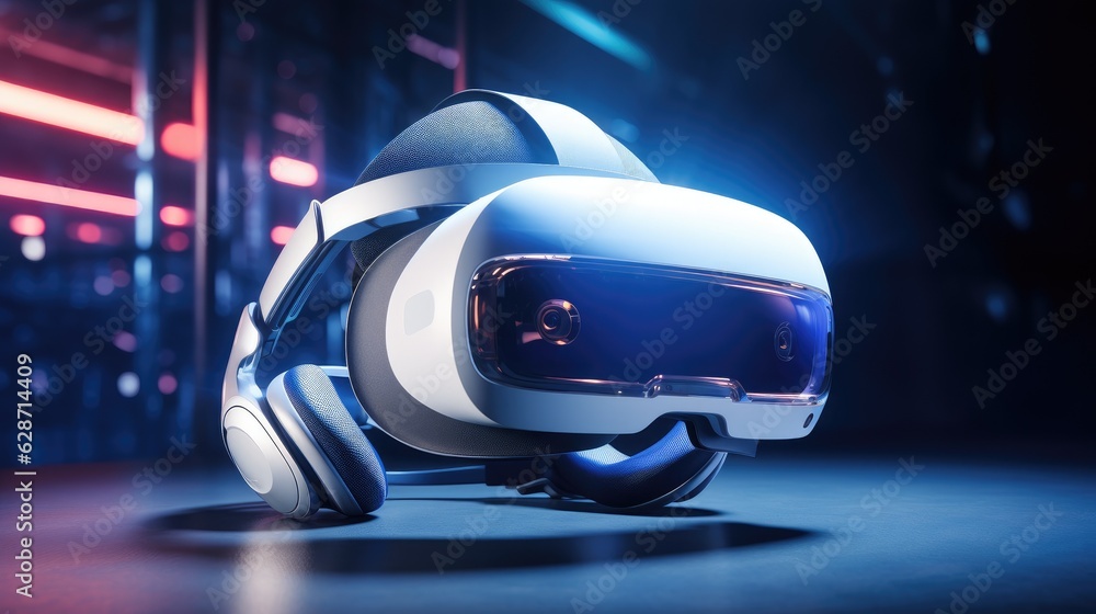 A VR headset bathed in dynamic lighting. Generative AI A VR headset bathed in dynamic lighting. Generative AI