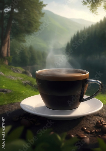 A cup of coffee with nature background, Generative AI Illustration.