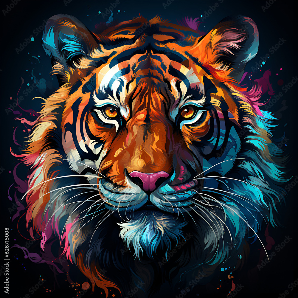 illustration of an abstract, neon tiger in pop art style on a black background