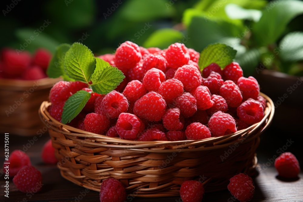 Country Charm: An Outdoor Photo of Raspberries Nestled Inside a Basket on a Wooden Table Country Charm: An Outdoor Photo of Raspberries Nestled Inside a Basket on a Wooden Table
