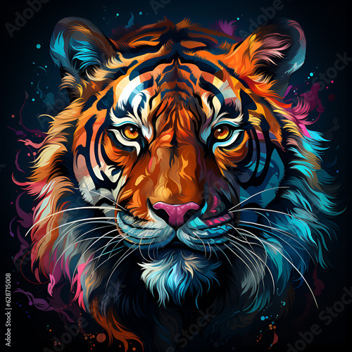 illustration of an abstract  neon tiger in pop art style on a black background