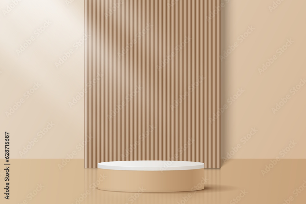 Vector abstract beige brown 3d render round cylinder podium pedestal with geometric minimal scene for product presentation and advertising. Vector abstract beige brown 3d render round cylinder podium pedestal with geometric minimal scene for product presentation and advertising.