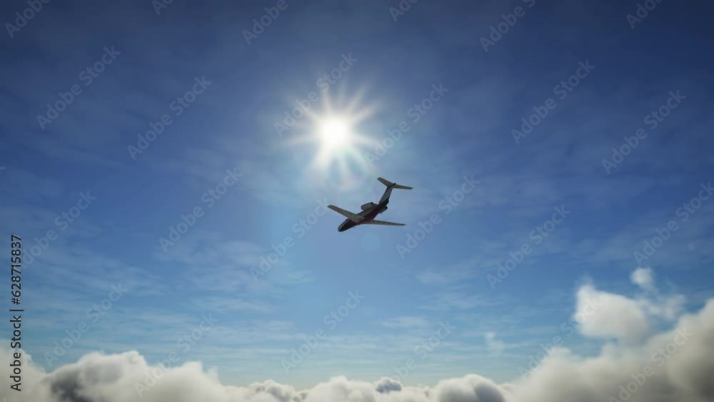 Private airplane flying away as seen from below and behind. Bottom view of private plane going through clouds gaining altitude. silhouette of a small jet going up Private airplane flying away as seen from below and behind. Bottom view of private plane going through clouds gaining altitude. silhouette of a small jet going up
