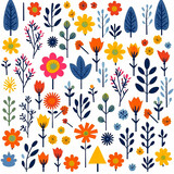 Seamless flowers and leaves pattern with white background. Generative AI.