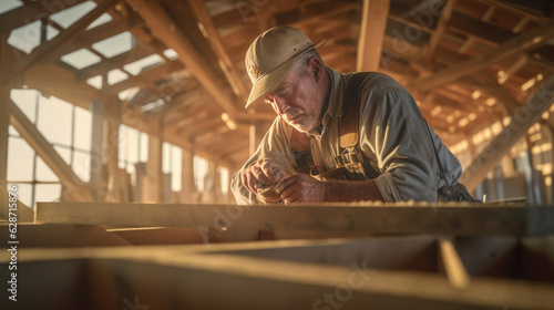 A carpenter hammers nails into a wooden frame in the middle of a busy construction zone