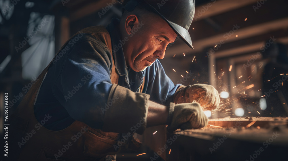A carpenter hammers nails into a wooden frame in the middle of a busy construction zone A carpenter hammers nails into a wooden frame in the middle of a busy construction zone