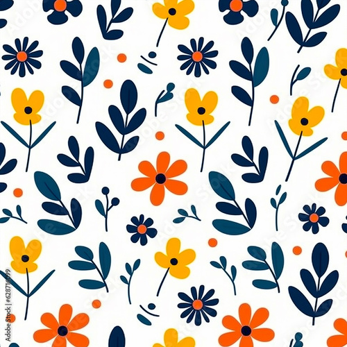 Seamless flowers and leaves pattern with white background. Generative AI.
