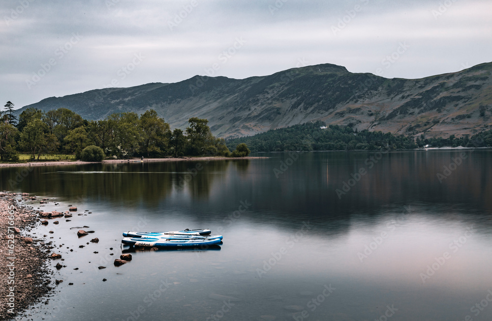 The view of the the Derwent Water in blue hours in overcast days