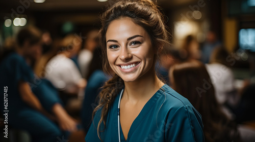 young nursing students standing with her team in hospital, scrubs, Doctor intern .High quality photo Portrait Generative Ai photo
