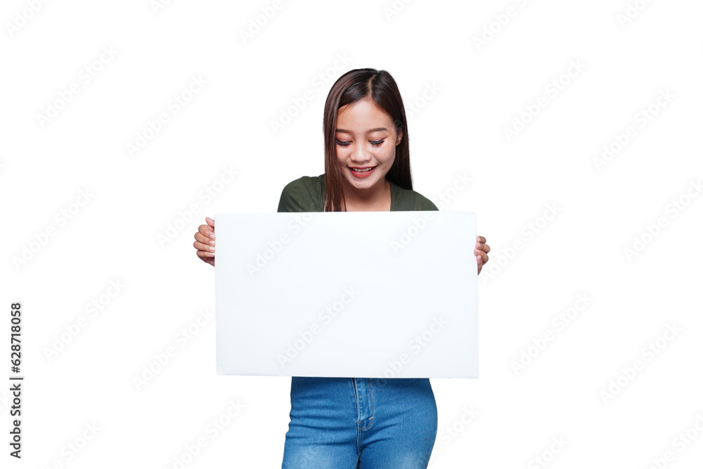 Beautiful Asian woman holding an empty board and smiling Beautiful Asian woman holding an empty board and smiling