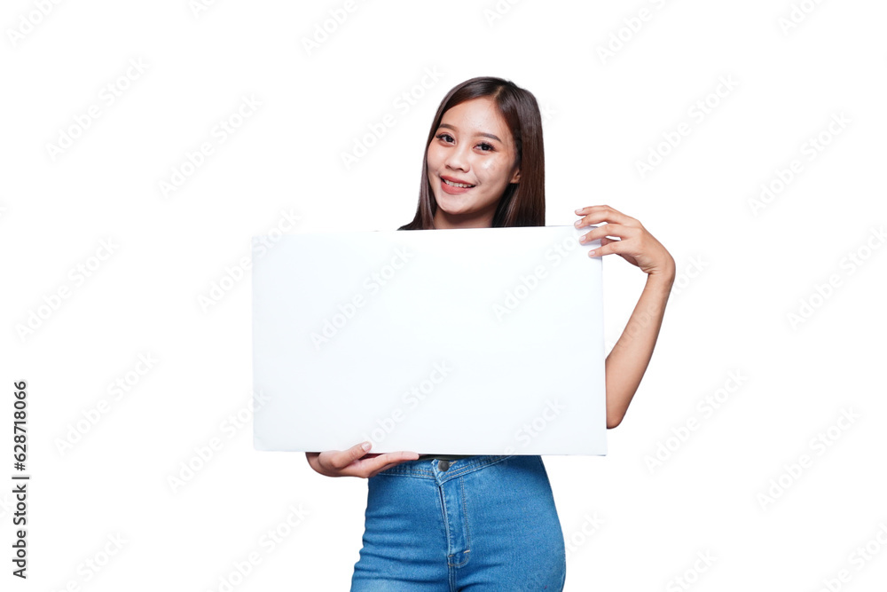 Beautiful Asian woman holding an empty board and smiling Beautiful Asian woman holding an empty board and smiling