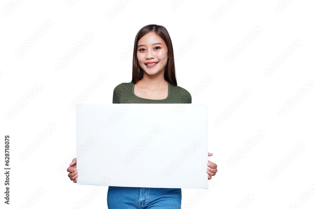 Beautiful Asian woman holding an empty board and smiling Beautiful Asian woman holding an empty board and smiling