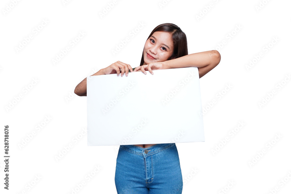 Beautiful Asian woman holding an empty board and smiling Beautiful Asian woman holding an empty board and smiling