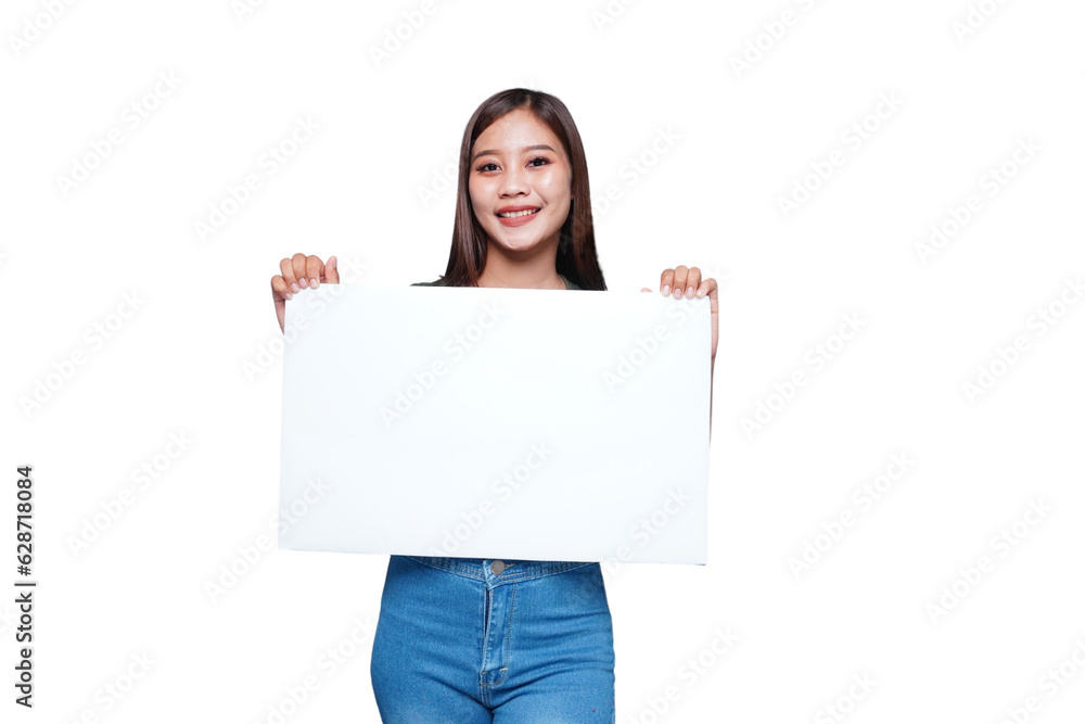 Beautiful Asian woman holding an empty board and smiling Beautiful Asian woman holding an empty board and smiling
