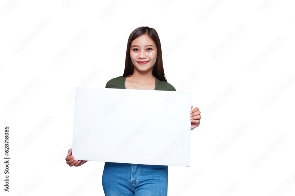 Beautiful Asian woman holding an empty board and smiling Beautiful Asian woman holding an empty board and smiling