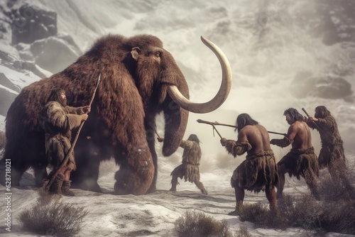 group of neanderthal cavemen hunting a mammoth, stone age humans © Alan