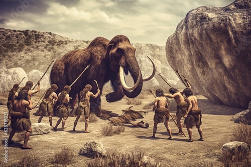 group of neanderthal cavemen hunting a mammoth, stone age humans photo