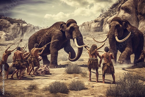 group of neanderthal cavemen hunting a mammoth, stone age humans photo