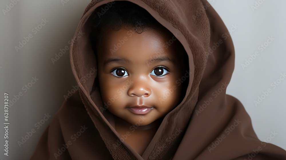 Portrait close-up cute black skin baby under towel sitting on bed after bath time with big smile. Portrait close-up cute black skin baby under towel sitting on bed after bath time with big smile.