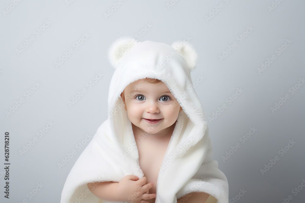 Portrait close-up cute baby under towel lying or sitting on bed after bath time isolated on white background Portrait close-up cute baby under towel lying or sitting on bed after bath time isolated on white background
