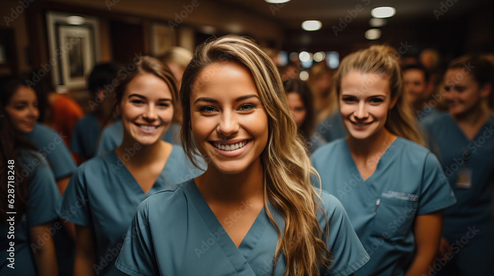 young nursing students standing with her team in hospital, scrubs, Doctor intern .High quality photo Portrait Generative Ai young nursing students standing with her team in hospital, scrubs, Doctor intern .High quality photo Portrait Generative Ai