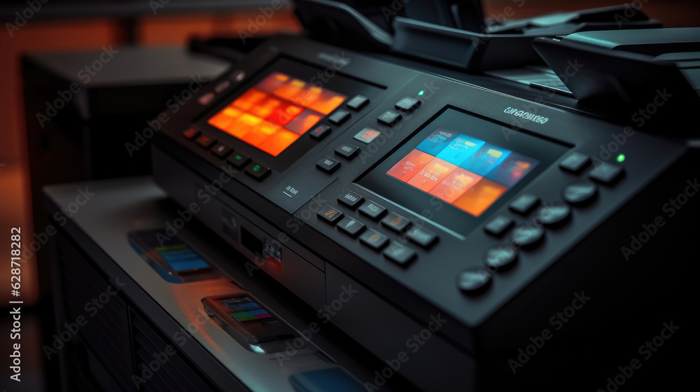 Close-up image of the photocopier's control panel and display digital, with buttons and digital interfaces ready to assist users in their copying needs Close-up image of the photocopier's control panel and display digital, with buttons and digital interfaces ready to assist users in their copying needs