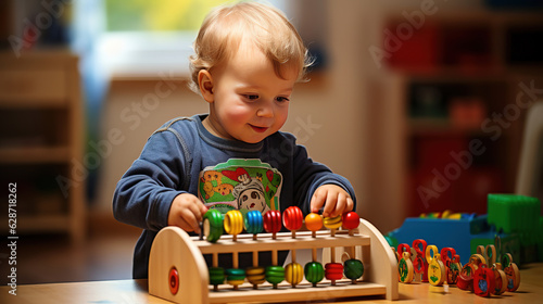 Baby boy playing with educational toy in nursery. Adorable toddler boy playing with educational wooden toy at home, smiling, sitting on carpet