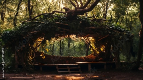 Rustic photograph captures shelter made of branches