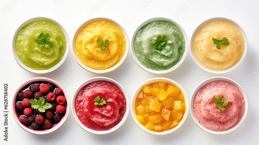 Baby food. Various bowls of fruit and vegetable puree with ingredients for cooking isolate on white background Baby food. Various bowls of fruit and vegetable puree with ingredients for cooking isolate on white background