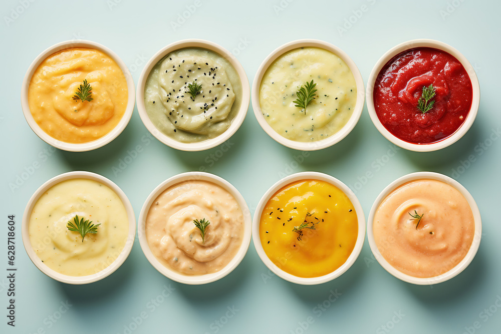 Various cream soups in bowls, top view Various cream soups in bowls, top view