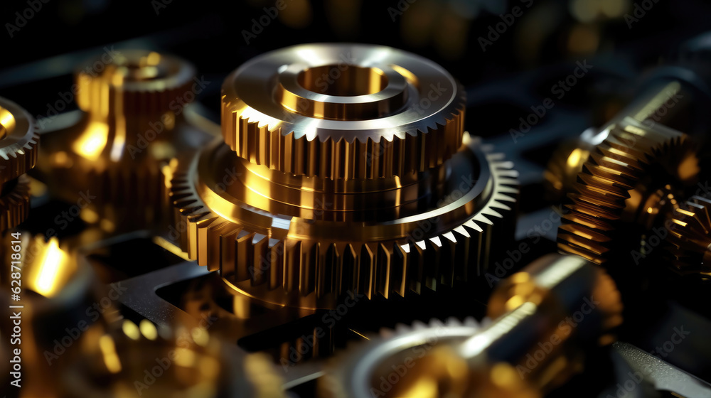 Close-up of metallic gears and auto parts. A stunning macro photograph of automotive gears, showcasing their metallic texture and precision, artfully lit with dramatic contrasting lights Close-up of metallic gears and auto parts. A stunning macro photograph of automotive gears, showcasing their metallic texture and precision, artfully lit with dramatic contrasting lights