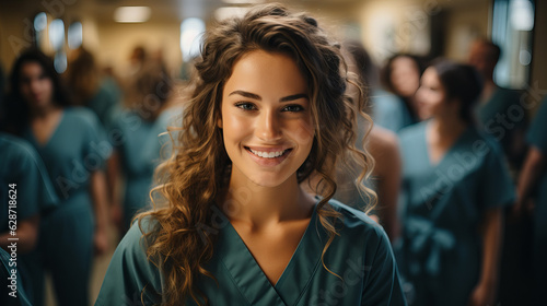 young nursing students standing with her team in hospital, scrubs, Doctor intern .High quality photo Portrait Generative Ai