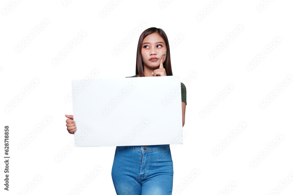 Beautiful Asian woman holding an empty board and thinking something Beautiful Asian woman holding an empty board and thinking something