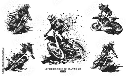 Photo Set of motocross rider overcoming obstacles, black and white vector illustration