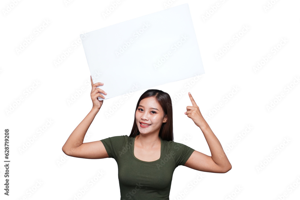 Beautiful Asian woman holding an empty board and pointing Beautiful Asian woman holding an empty board and pointing