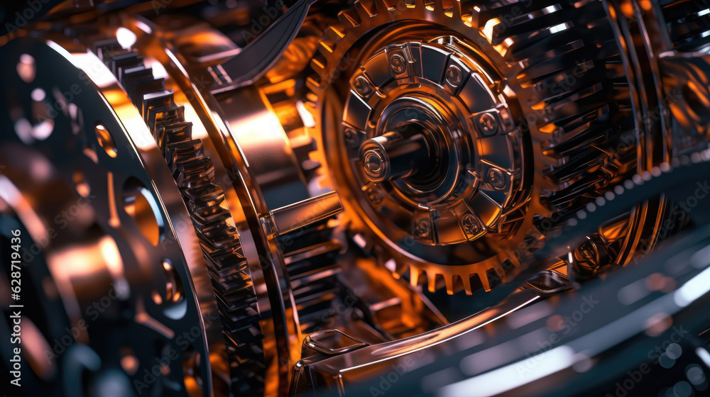 Close-up of metallic gears and auto parts. A stunning macro photograph of automotive gears, showcasing their metallic texture and precision, artfully lit with dramatic contrasting lights Close-up of metallic gears and auto parts. A stunning macro photograph of automotive gears, showcasing their metallic texture and precision, artfully lit with dramatic contrasting lights