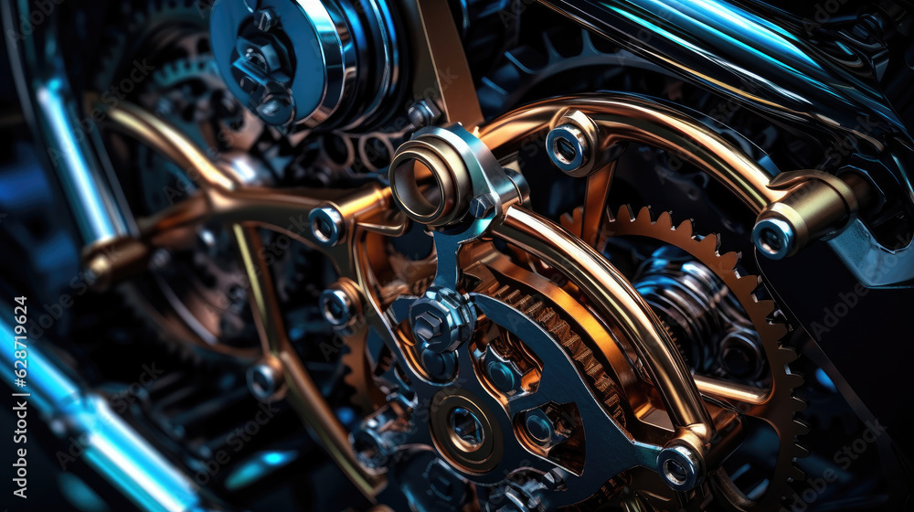 Close-up of metallic gears and auto parts. A stunning macro photograph of automotive gears, showcasing their metallic texture and precision, artfully lit with dramatic contrasting lights Close-up of metallic gears and auto parts. A stunning macro photograph of automotive gears, showcasing their metallic texture and precision, artfully lit with dramatic contrasting lights